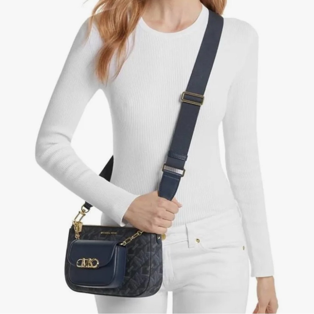 Michael Kors Black Logo Double-Pocket Crossbody with Gold Hardware